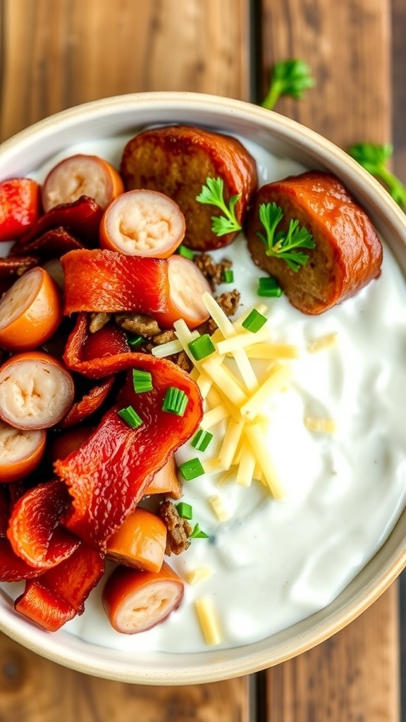 Protein-Packed Carnivore Yogurt Bowl A protein-packed carnivore yogurt bowl with Greek yogurt, bacon, sausage, and cheese, garnished with herbs.